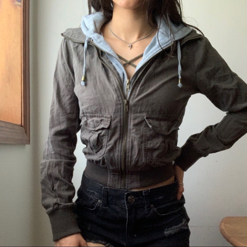 Semi cropped Olive Green Jacket With Gray Hood